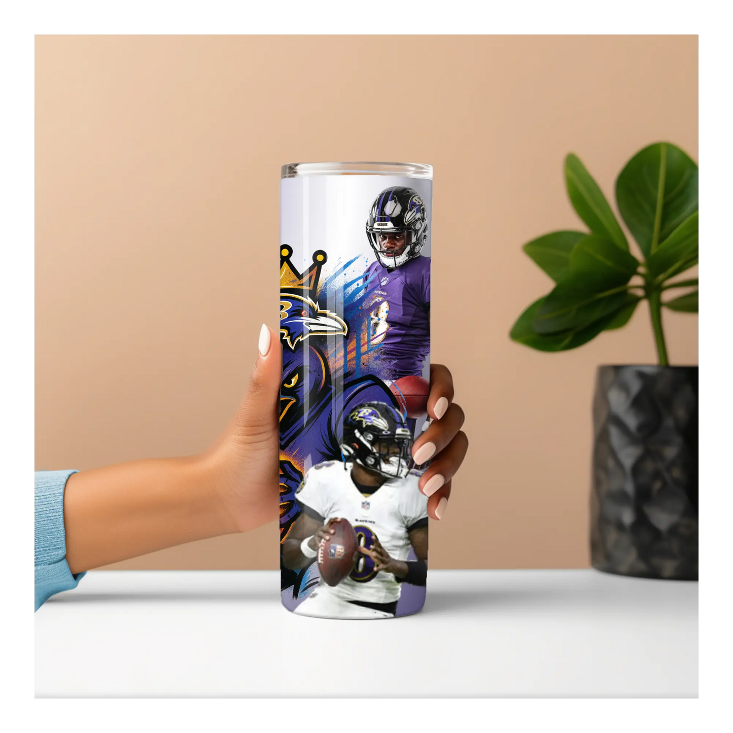 Baltimore Ravens Lamar Jackson Tumbler – 20oz Stainless Steel Travel Cup | NFL Fan Gift | Purple Football Player Art Cup Product vendor