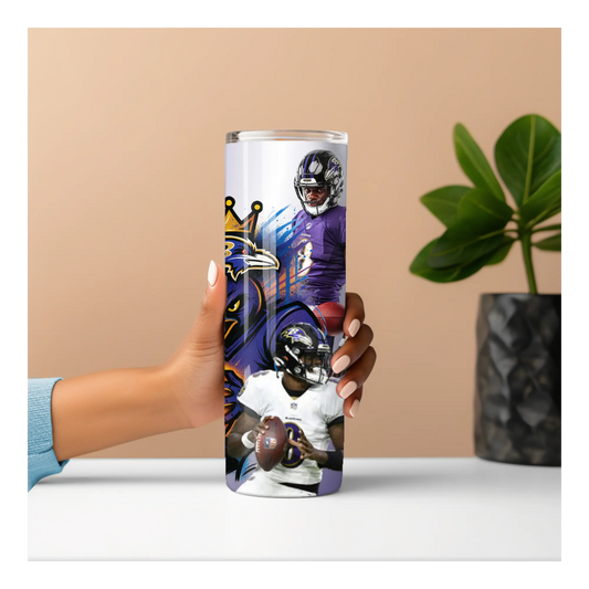 Baltimore Ravens Lamar Jackson Tumbler – 20oz Stainless Steel Travel Cup | NFL Fan Gift | Purple Football Player Art Cup Product vendor