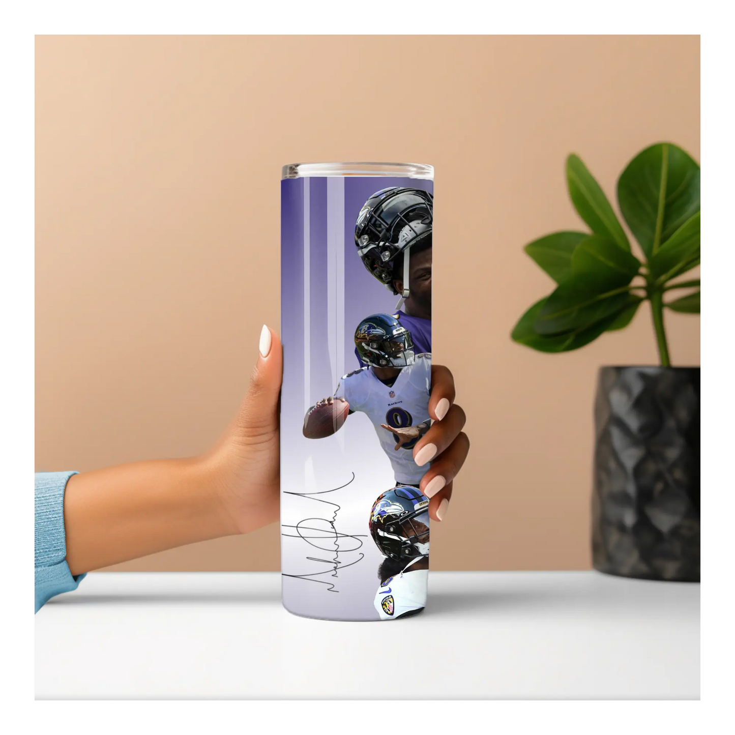 Baltimore Ravens Lamar Jackson Tumbler – 20oz Stainless Steel Travel Cup | NFL Fan Gift | Purple Football Player Art Cup Product vendor
