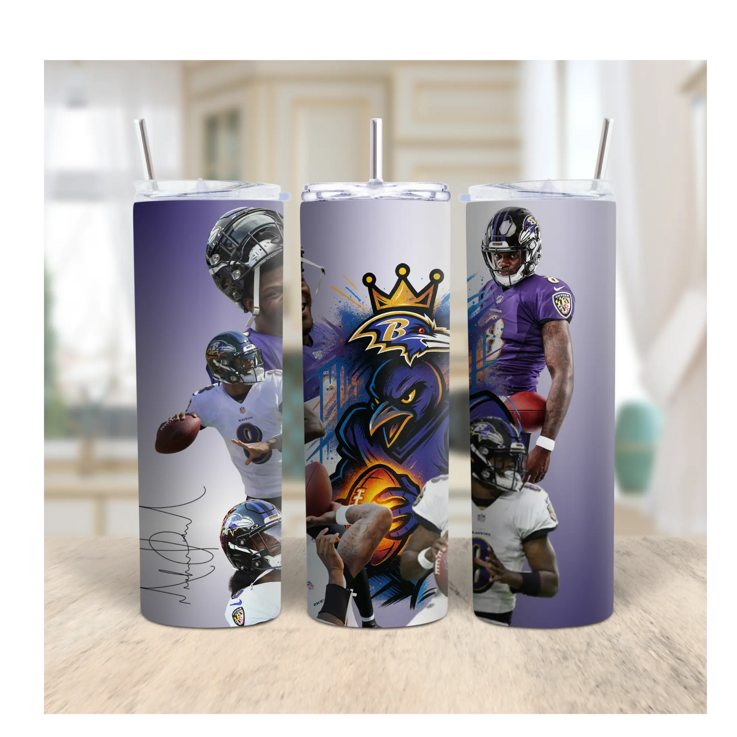 Baltimore Ravens Lamar Jackson Tumbler – 20oz Stainless Steel Travel Cup | NFL Fan Gift | Purple Football Player Art Cup Product vendor