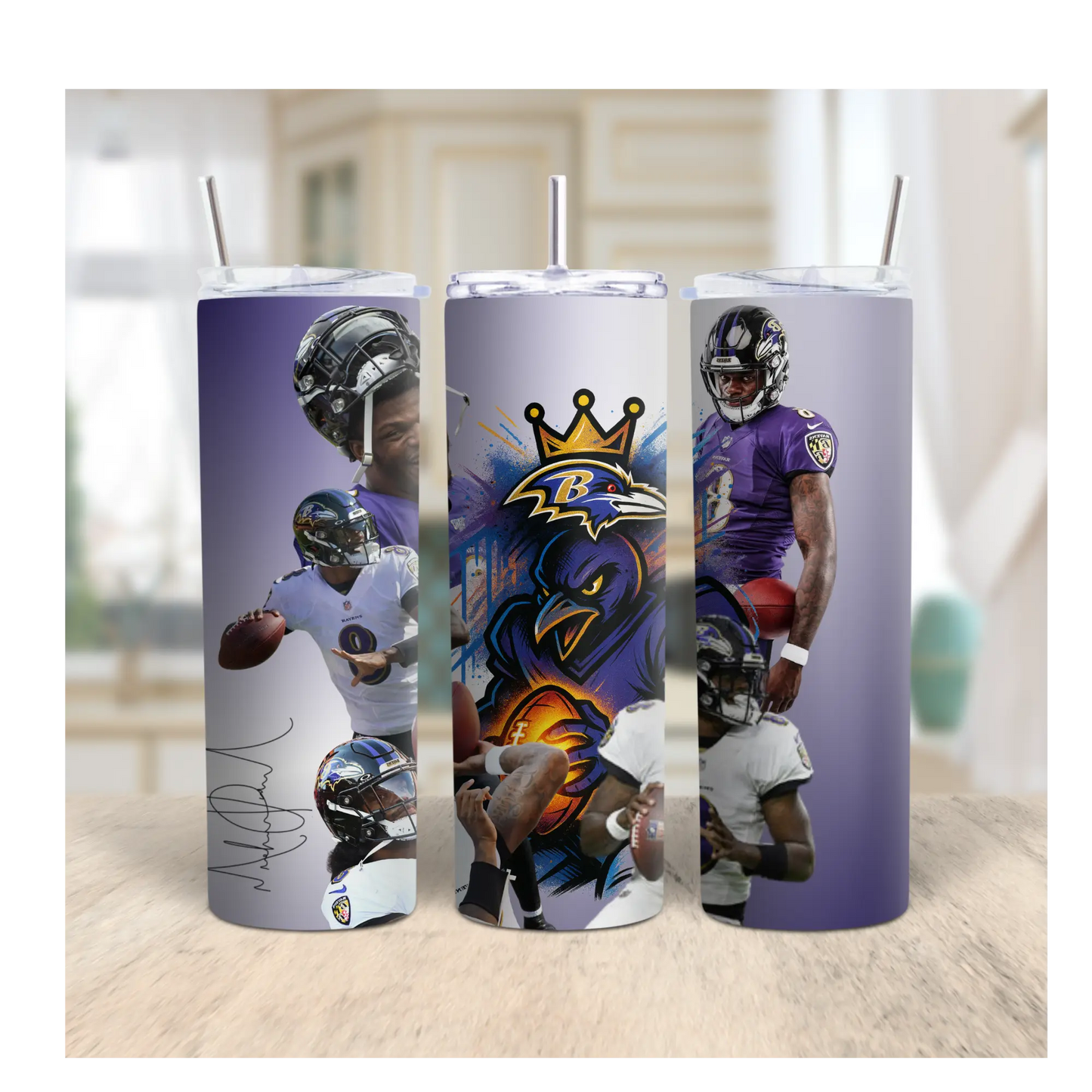 Baltimore Ravens Lamar Jackson Tumbler – 20oz Stainless Steel Travel Cup | NFL Fan Gift | Purple Football Player Art Cup Product vendor