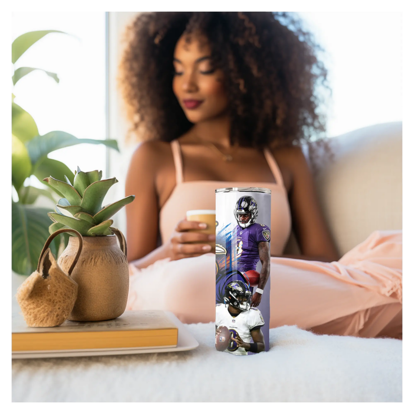 Baltimore Ravens Lamar Jackson Tumbler – 20oz Stainless Steel Travel Cup | NFL Fan Gift | Purple Football Player Art Cup Product vendor
