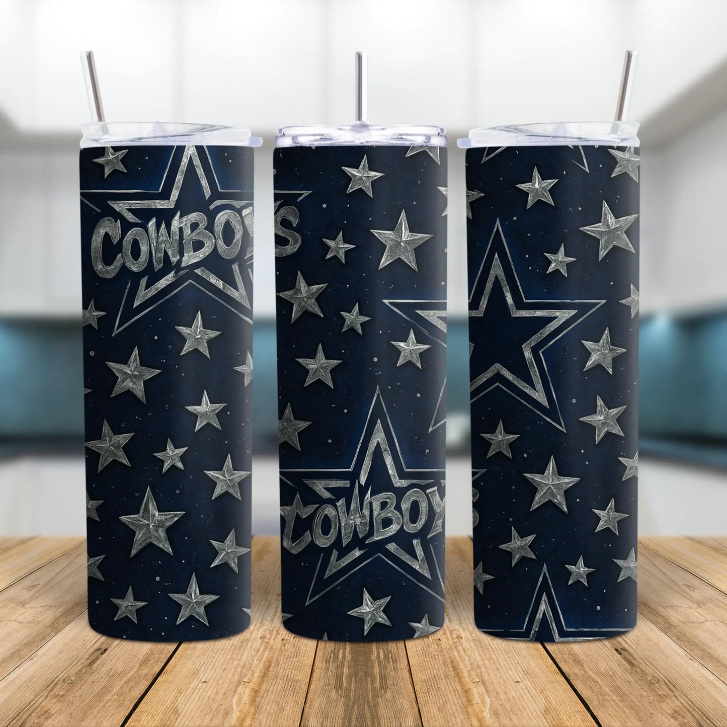 Dallas Cowboys Star Tumbler – Navy & Silver Chrome Repeat Pattern | 20oz Stainless Steel Skinny Cup | NFL Football Fan Gift Product vendor