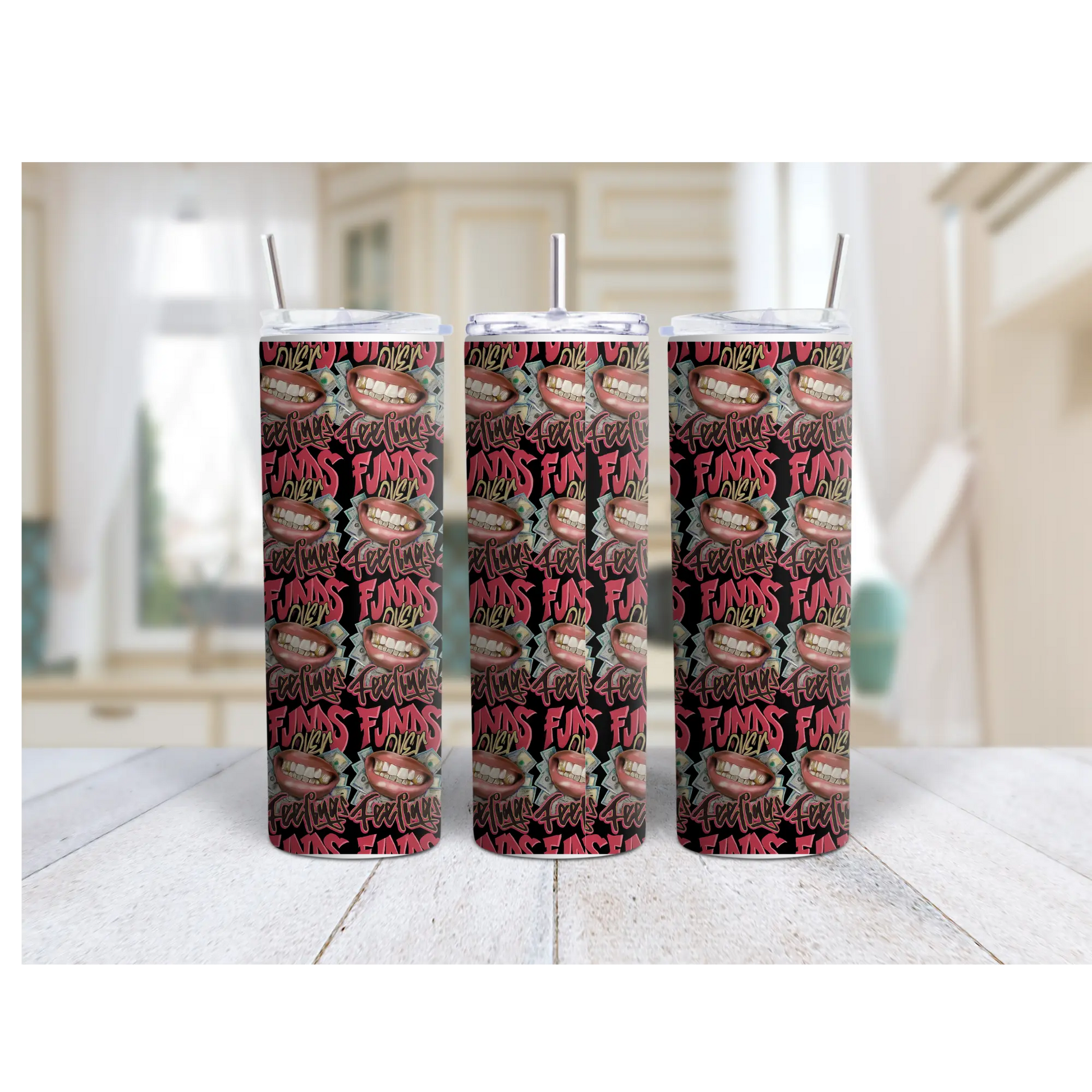 Funds Over Feelings 20oz Skinny Tumbler – Graffiti Hustle Cup for Bold Bosses Product vendor