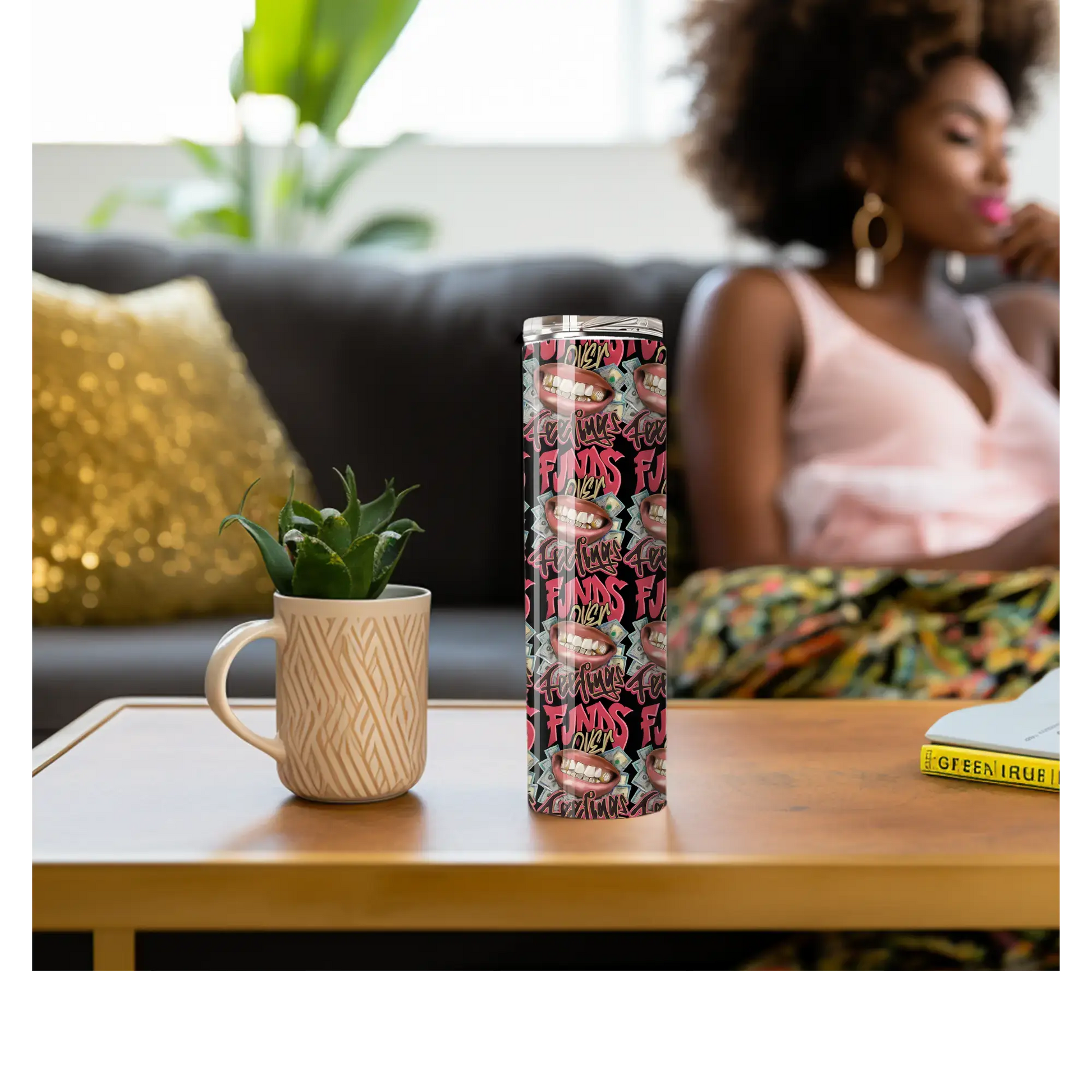 Funds Over Feelings 20oz Skinny Tumbler – Graffiti Hustle Cup for Bold Bosses Product vendor