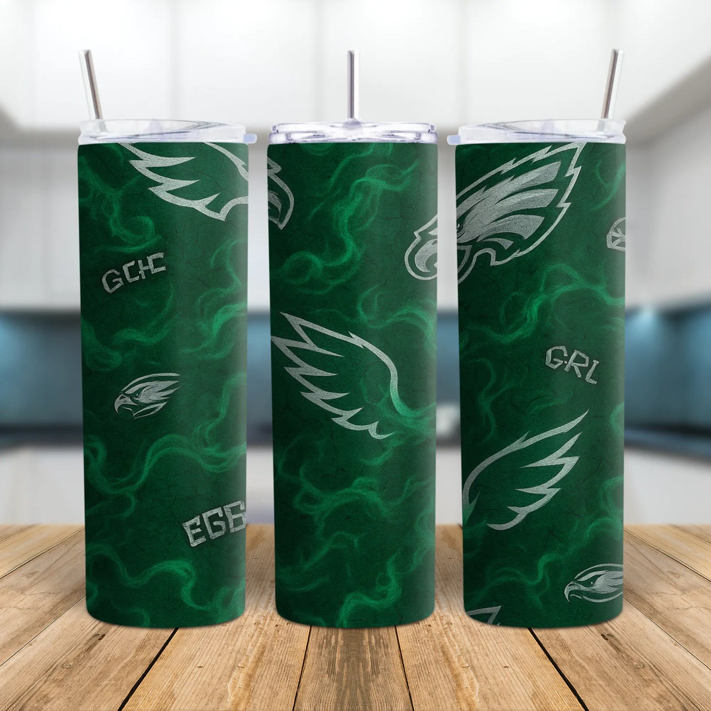 Philadelphia Eagles Smoke Tumbler – Emerald Green Wing Pattern + Chrome Logos | 20oz Skinny Stainless Steel | NFL Eagles Fan Gift Product vendor