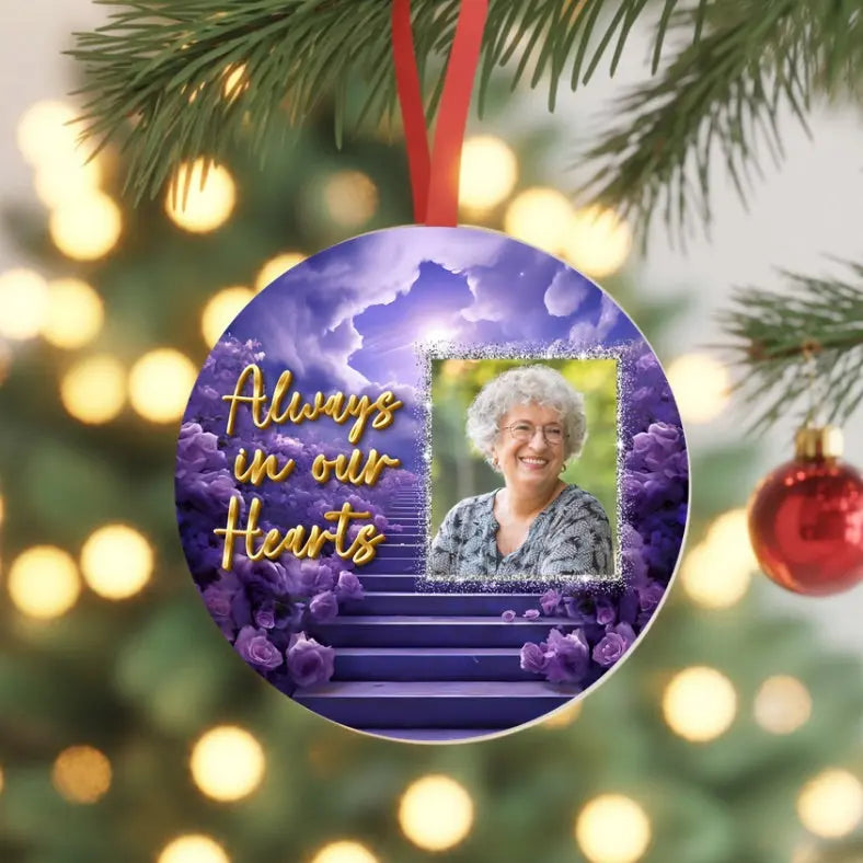 Always in Our Hearts Memorial Ornament – Purple Heaven Stairway Remembrance Ornament, Personalized Photo Christmas Keepsake, Loved One Tribute Gift Product vendor