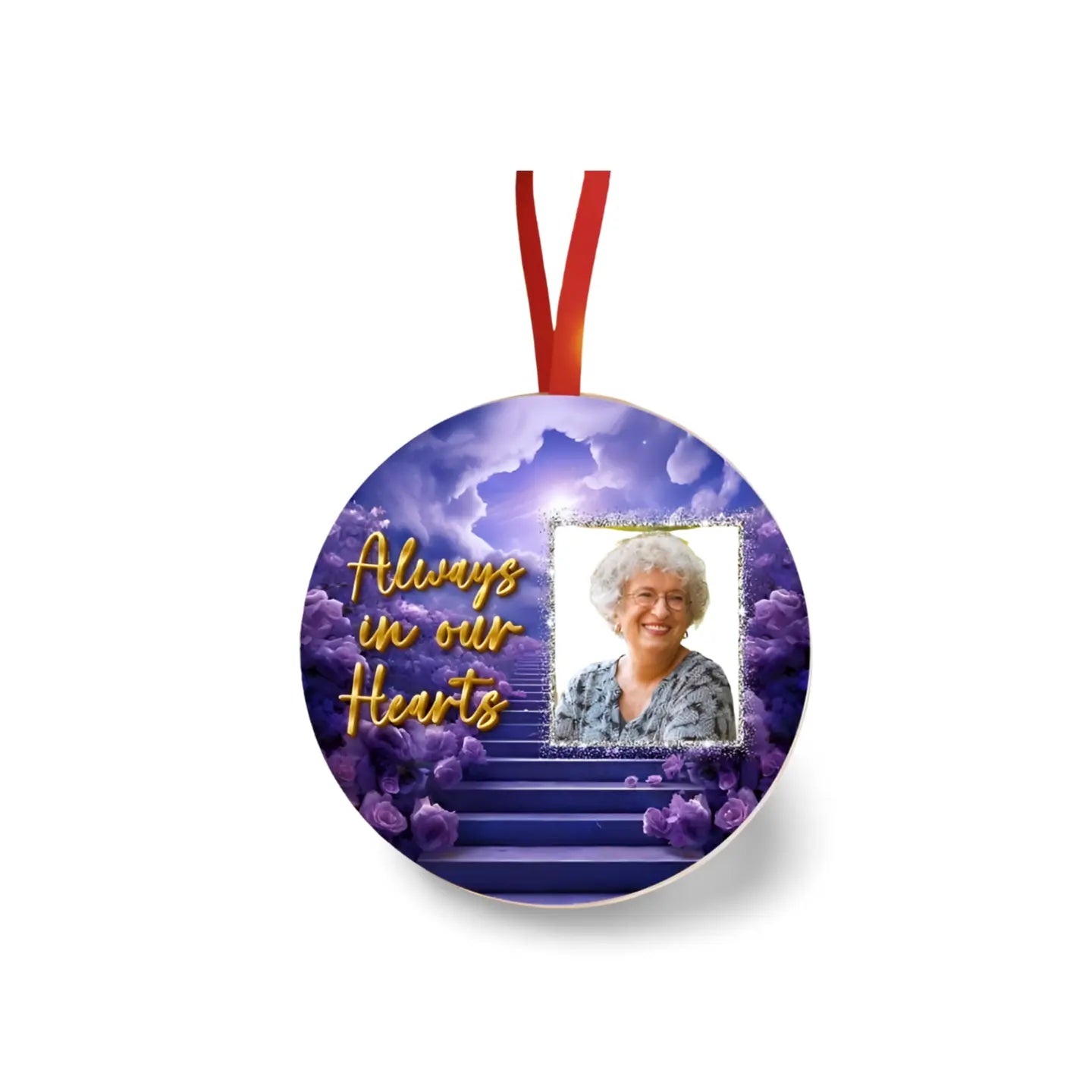 Always in Our Hearts Memorial Ornament – Purple Heaven Stairway Remembrance Ornament, Personalized Photo Christmas Keepsake, Loved One Tribute Gift Product vendor