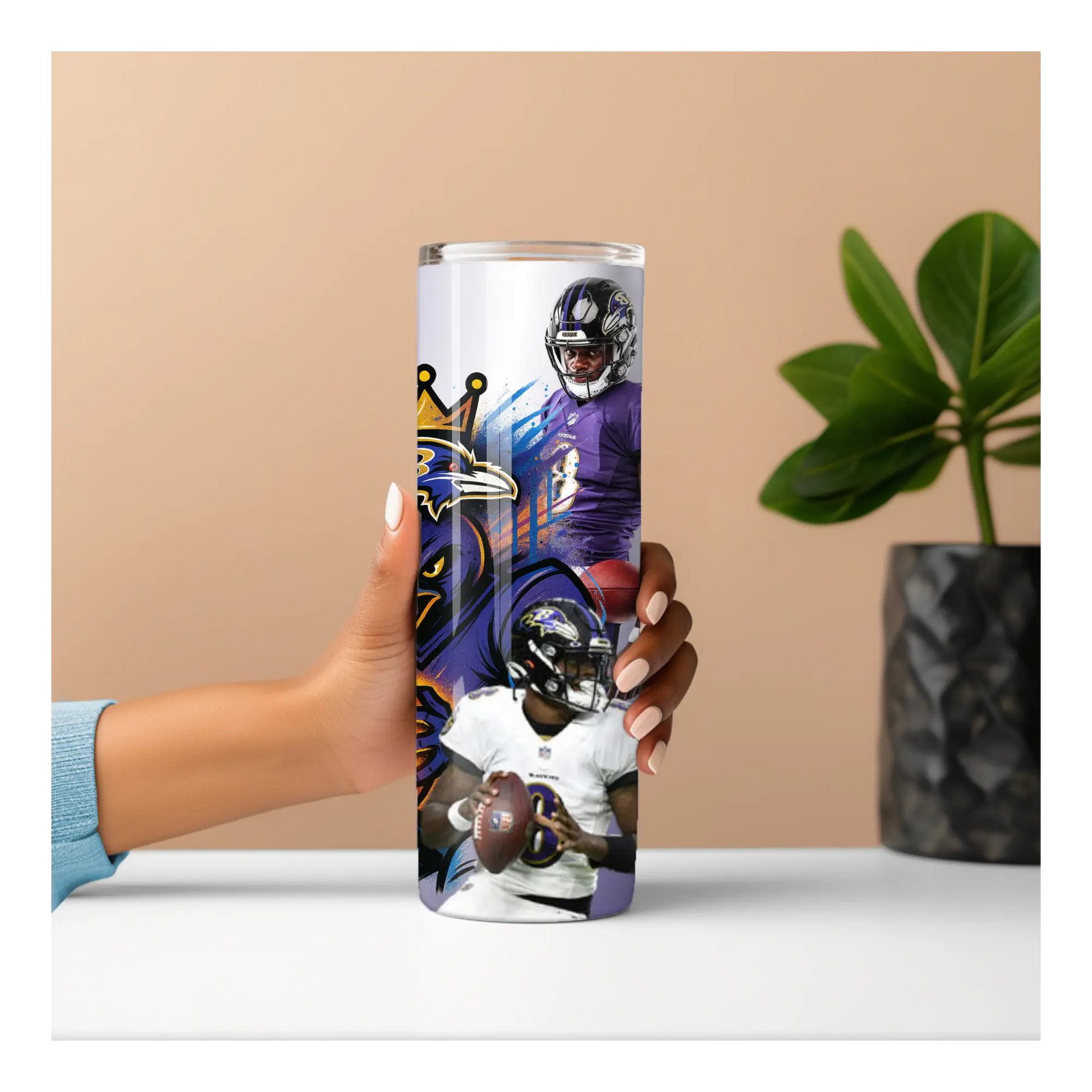 Baltimore Ravens Lamar Jackson Tumbler – 20oz Stainless Steel Travel Cup | NFL Fan Gift | Purple Football Player Art Cup Product vendor