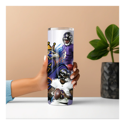 Baltimore Ravens Lamar Jackson Tumbler – 20oz Stainless Steel Travel Cup | NFL Fan Gift | Purple Football Player Art Cup Product vendor