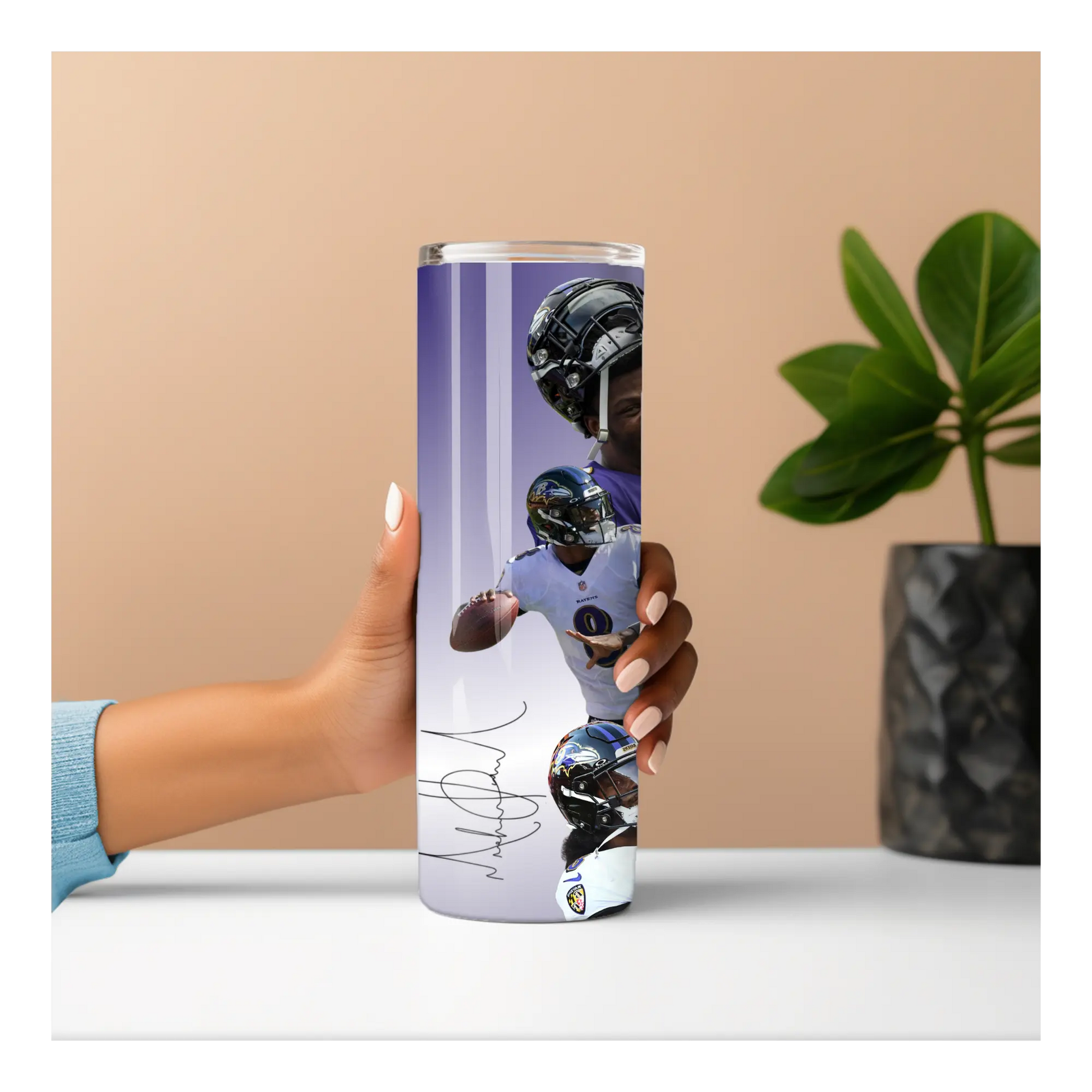 Baltimore Ravens Lamar Jackson Tumbler – 20oz Stainless Steel Travel Cup | NFL Fan Gift | Purple Football Player Art Cup Product vendor