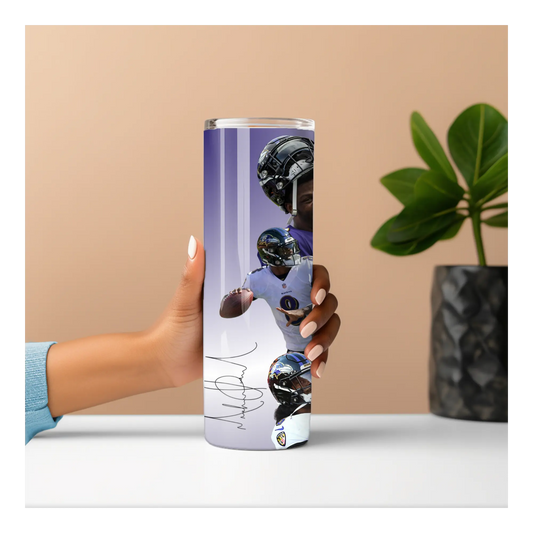 Baltimore Ravens Lamar Jackson Tumbler – 20oz Stainless Steel Travel Cup | NFL Fan Gift | Purple Football Player Art Cup Product vendor