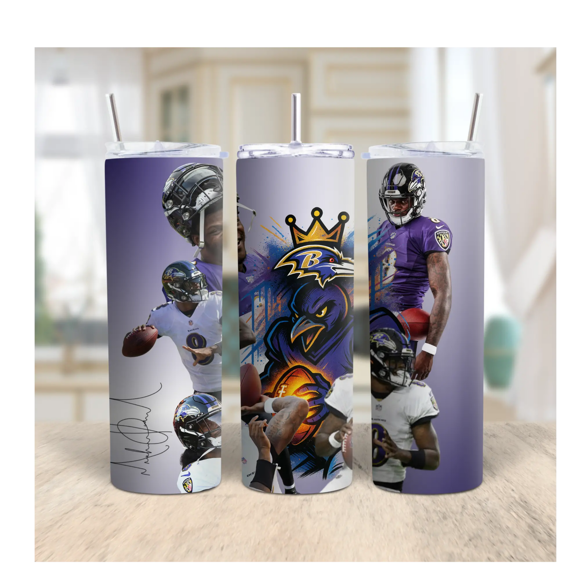 Baltimore Ravens Lamar Jackson Tumbler – 20oz Stainless Steel Travel Cup | NFL Fan Gift | Purple Football Player Art Cup Product vendor