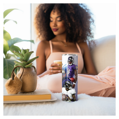 Baltimore Ravens Lamar Jackson Tumbler – 20oz Stainless Steel Travel Cup | NFL Fan Gift | Purple Football Player Art Cup Product vendor