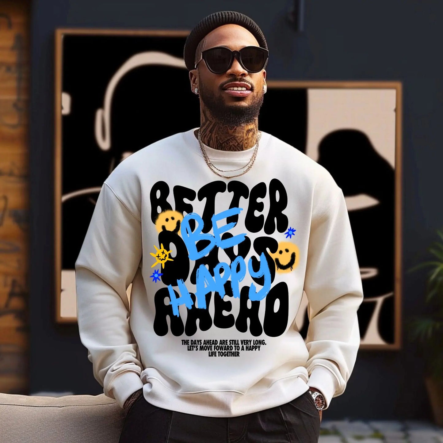 "Be Happy" Sweatshirt – Positive Vibes Graphic Crewneck for Men & Women Branded Kreations Kraft Boutique