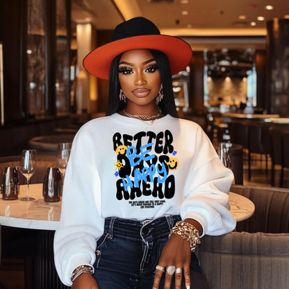 "Be Happy" Sweatshirt – Positive Vibes Graphic Crewneck for Men & Women Branded Kreations Kraft Boutique