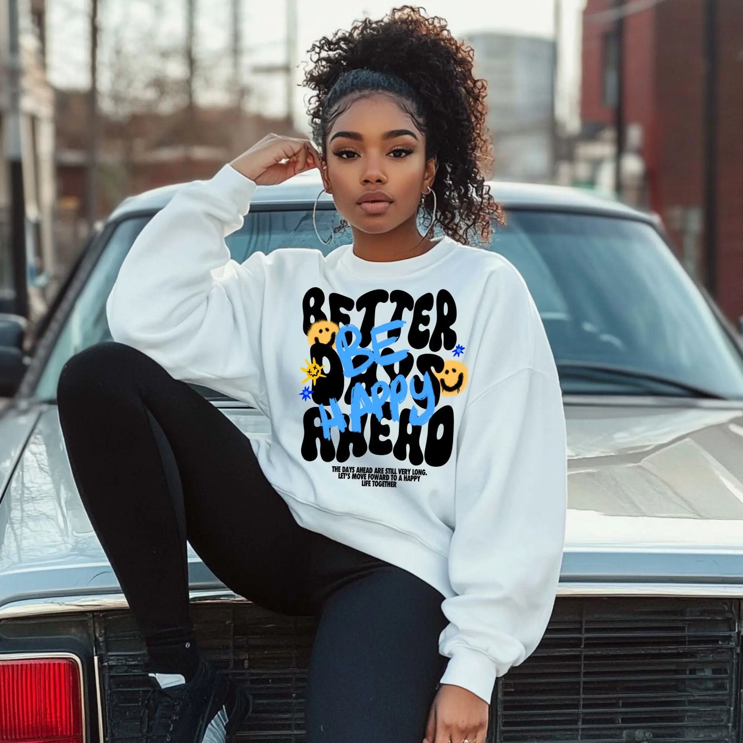 "Be Happy" Sweatshirt – Positive Vibes Graphic Crewneck for Men & Women Branded Kreations Kraft Boutique