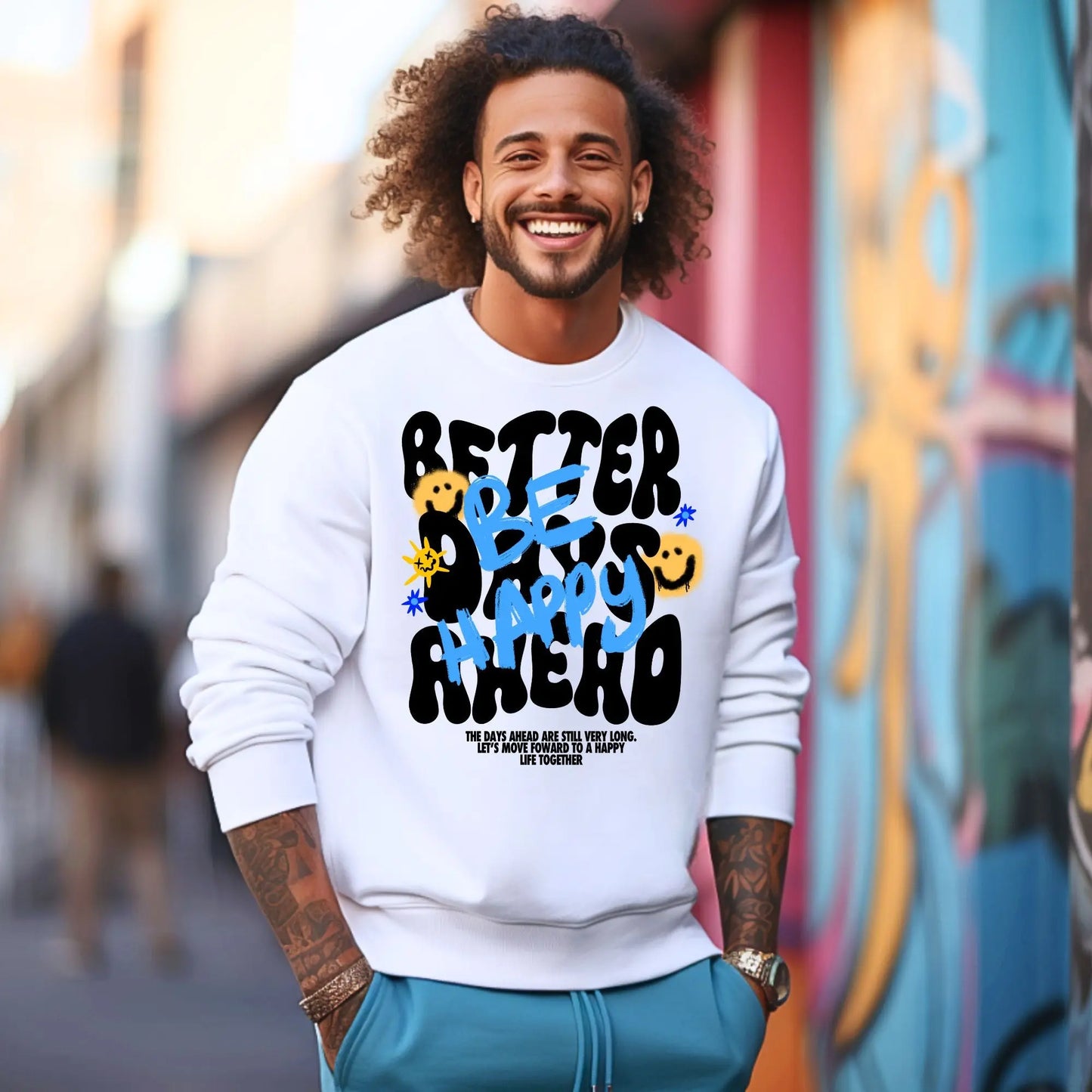 "Be Happy" Sweatshirt – Positive Vibes Graphic Crewneck for Men & Women Branded Kreations Kraft Boutique