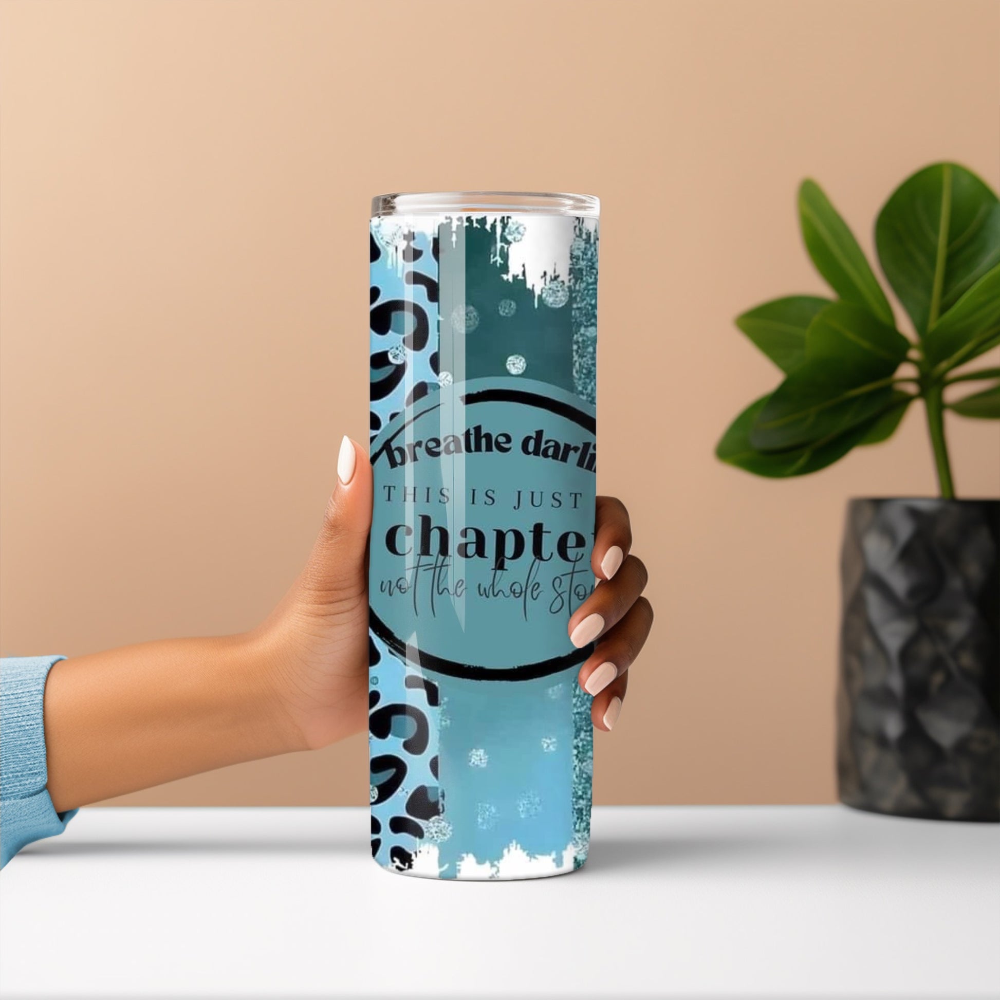 Teal Glitter Tumbler – Inspirational ‘Breathe Darlin’ Leopard Print Cup Branded Kreations Kraft Boutique