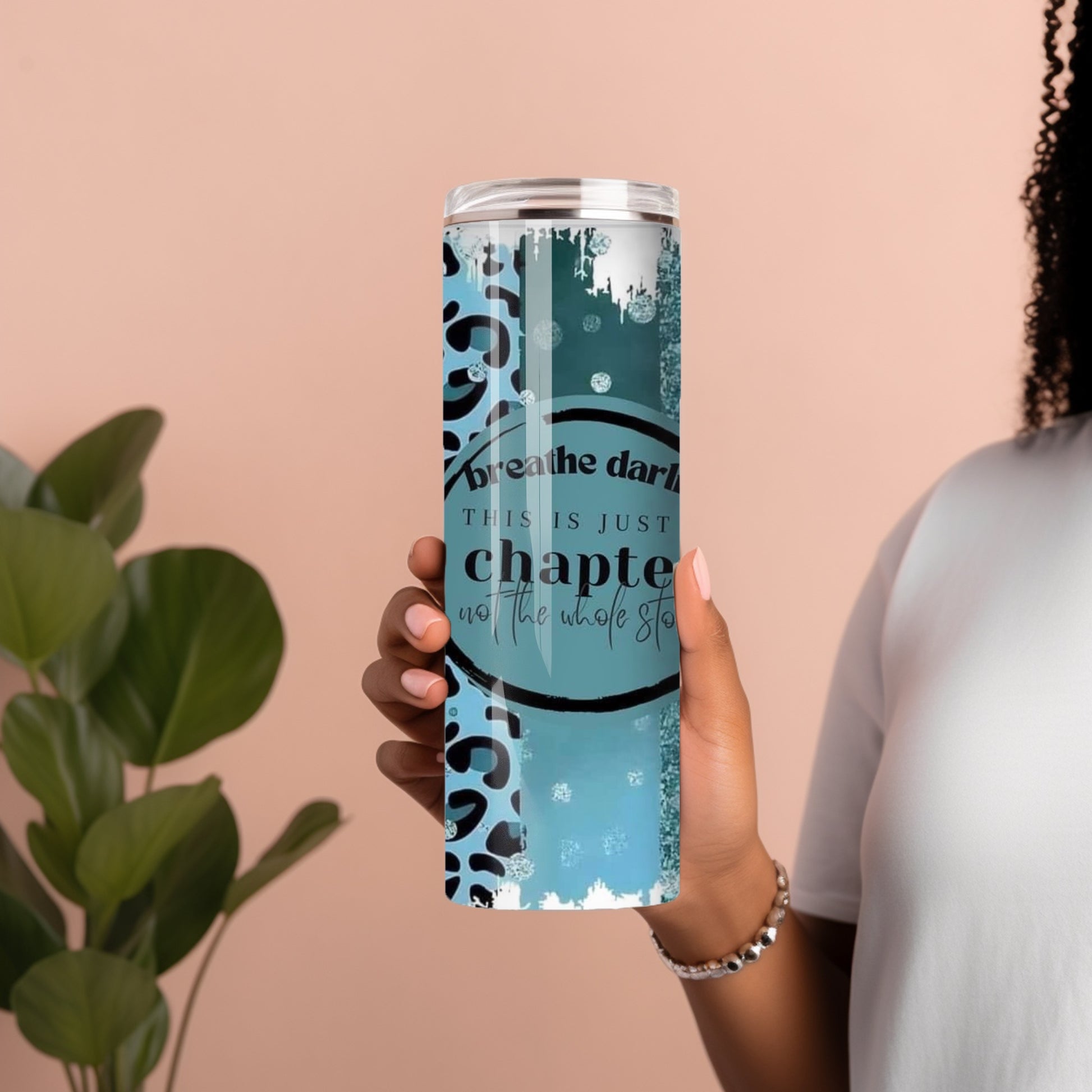 Teal Glitter Tumbler – Inspirational ‘Breathe Darlin’ Leopard Print Cup Branded Kreations Kraft Boutique