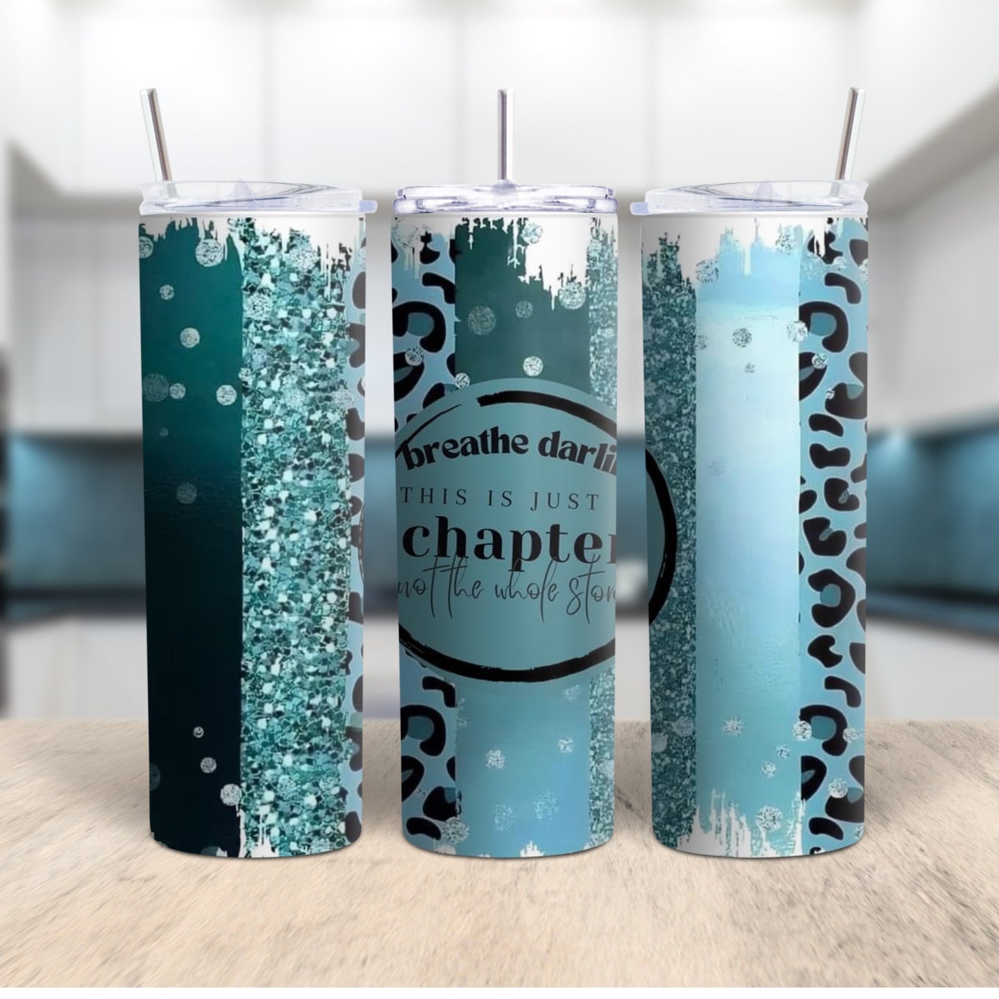 Teal Glitter Tumbler – Inspirational ‘Breathe Darlin’ Leopard Print Cup Branded Kreations Kraft Boutique