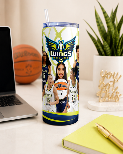 Women’s Basketball Inspired 20 oz Skinny Tumbler, Blue & White Game Day Cup, Sporty Basketball Fan Gift for Her