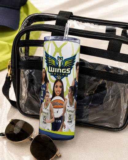 Women’s Basketball Inspired 20 oz Skinny Tumbler, Blue & White Game Day Cup, Sporty Basketball Fan Gift for Her