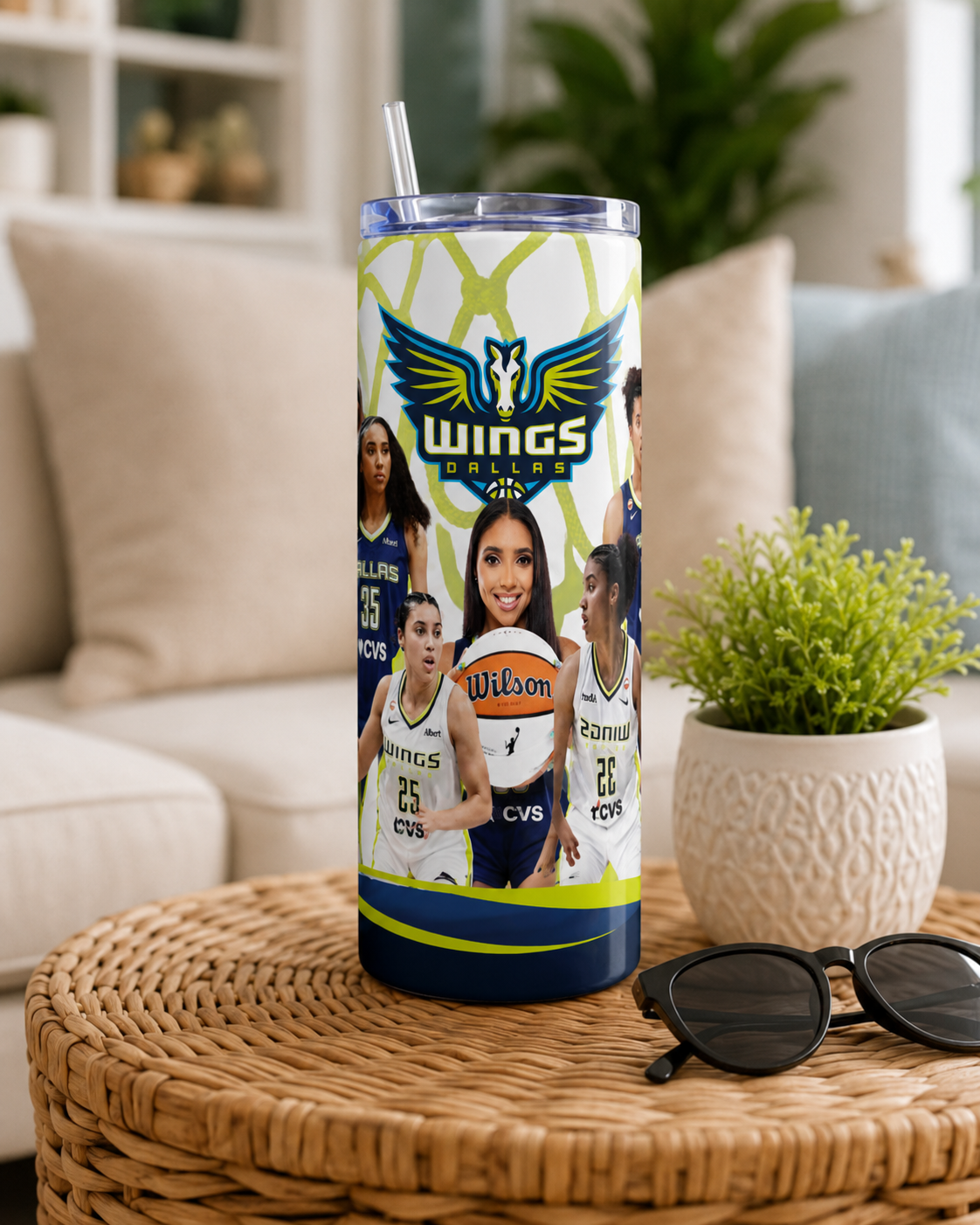 Women’s Basketball Inspired 20 oz Skinny Tumbler, Blue & White Game Day Cup, Sporty Basketball Fan Gift for Her