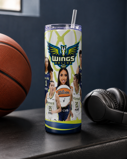 Women’s Basketball Inspired 20 oz Skinny Tumbler, Blue & White Game Day Cup, Sporty Basketball Fan Gift for Her