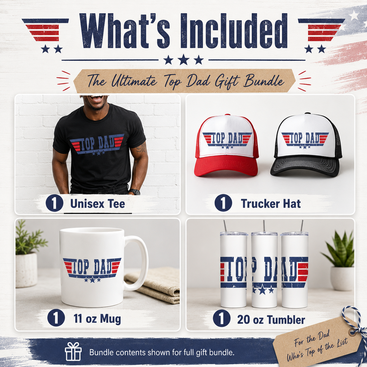 Top Dad Father’s Day Gift Bundle | Men’s Shirt, Tumbler, Mug & Trucker Hat Set | Patriotic Dad Gift Box