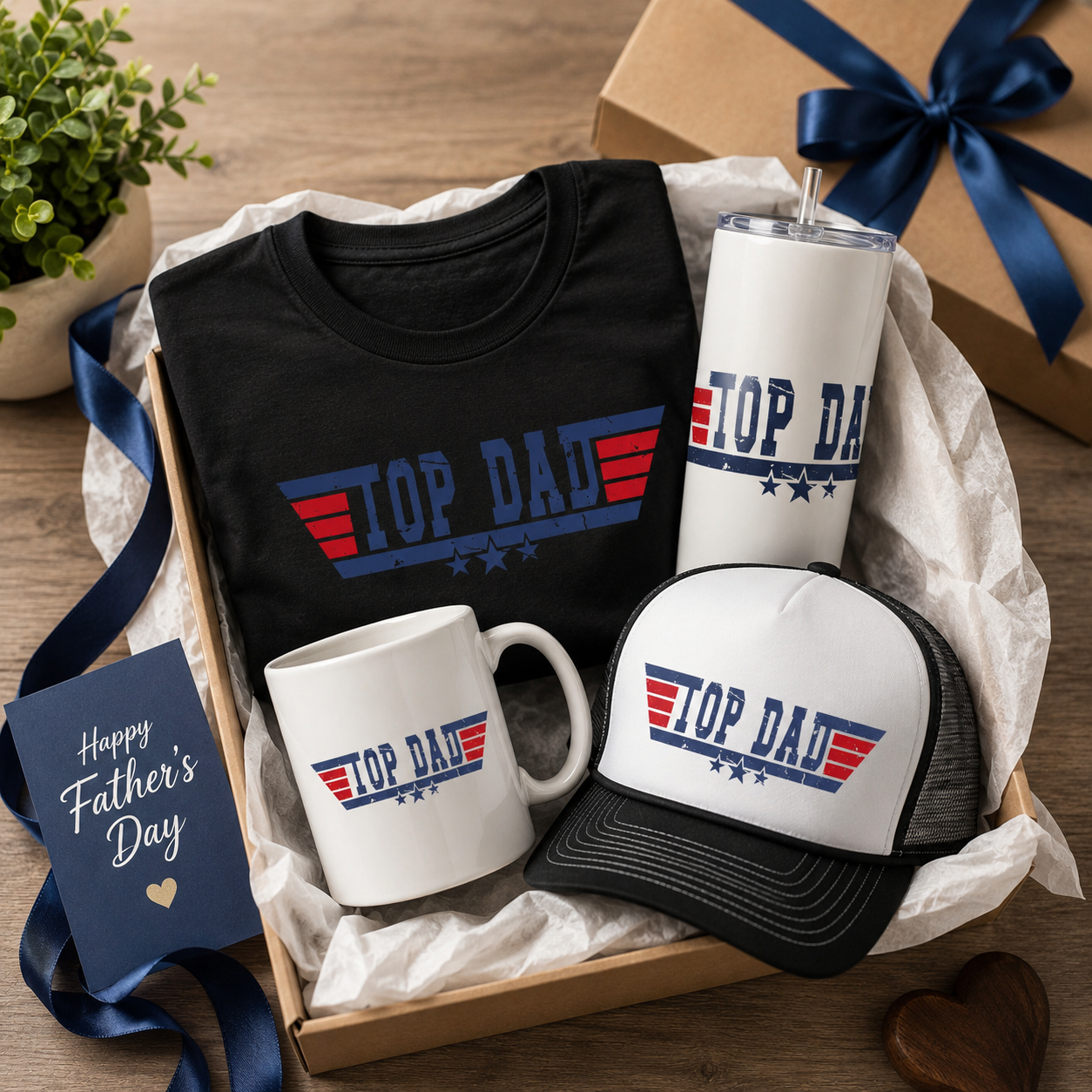 Top Dad Father’s Day Gift Bundle | Men’s Shirt, Tumbler, Mug & Trucker Hat Set | Patriotic Dad Gift Box