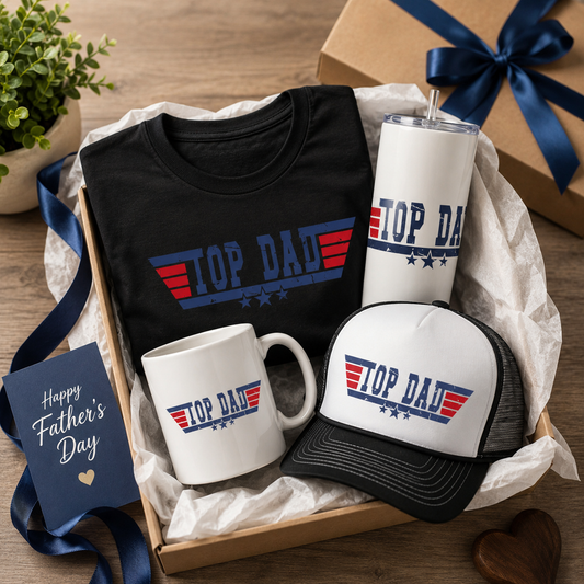 Top Dad Father’s Day Gift Bundle | Men’s Shirt, Tumbler, Mug & Trucker Hat Set | Patriotic Dad Gift Box