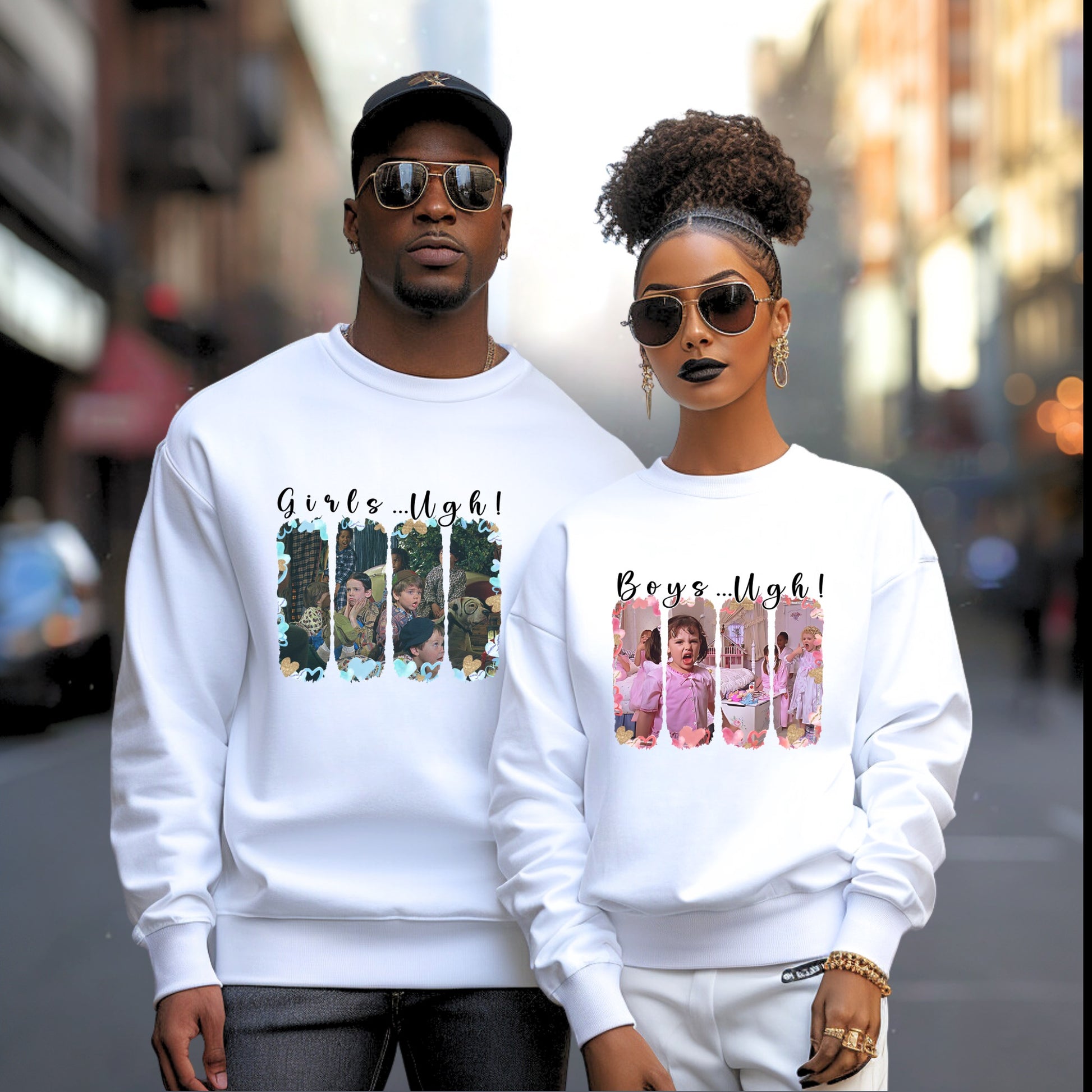 Man and woman modeling ‘Girls Ugh!’ and ‘Boys Ugh!’ graphic sweatshirts, perfect for unisex casual wear