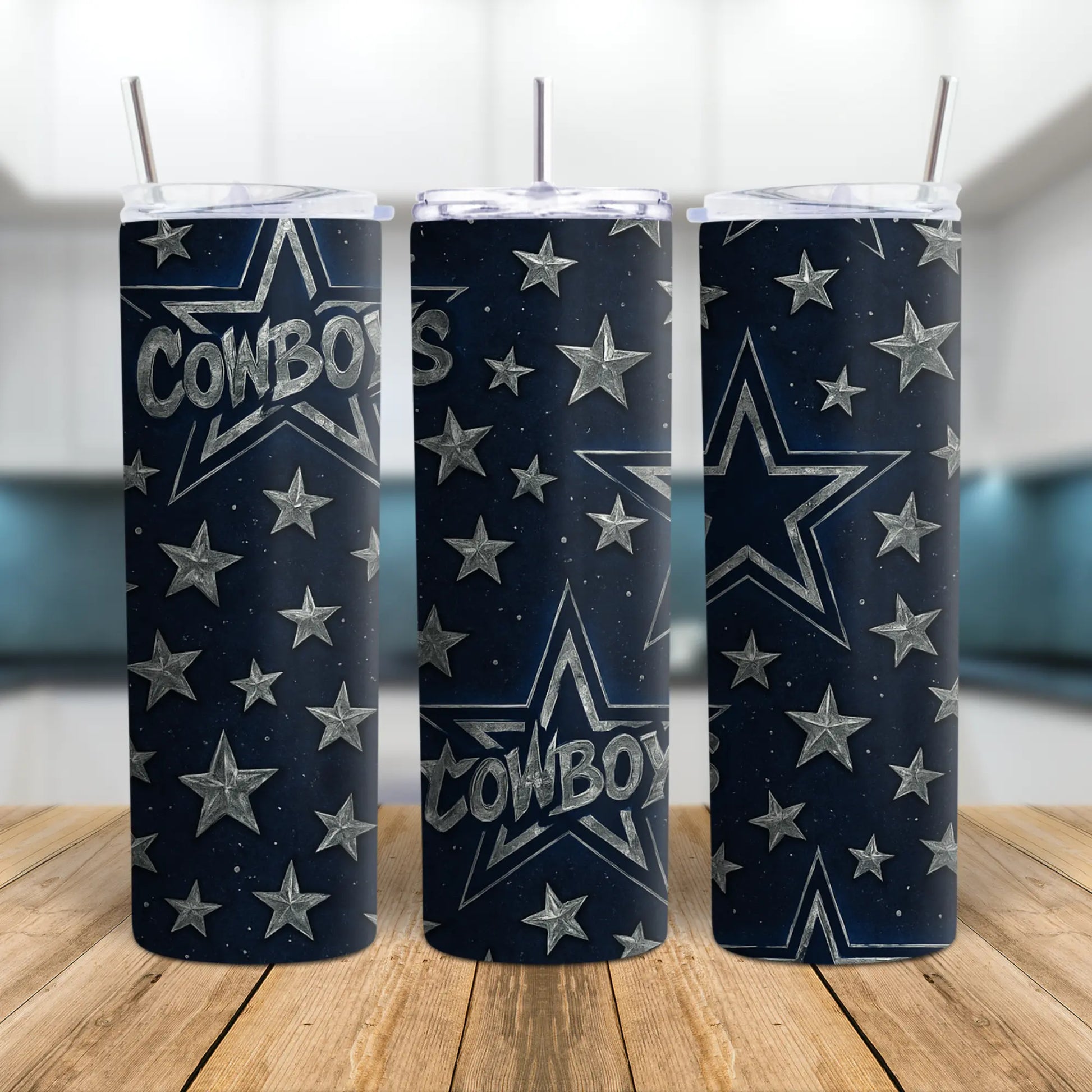 Dallas Cowboys Star Tumbler – Navy & Silver Chrome Repeat Pattern | 20oz Stainless Steel Skinny Cup | NFL Football Fan Gift Product vendor