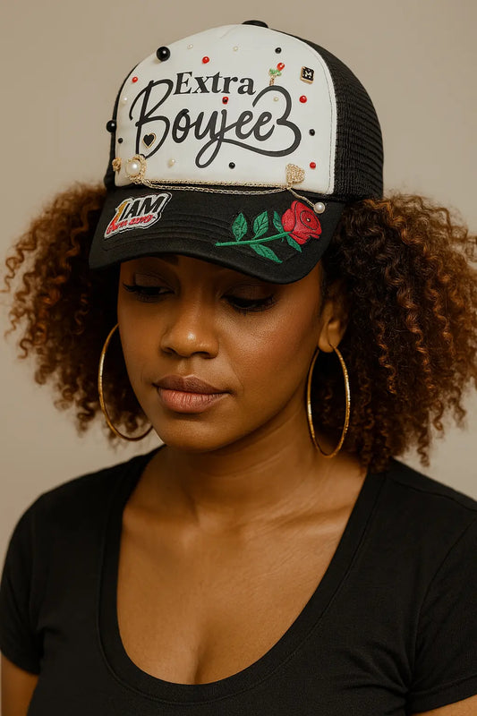 Extra Boujee Trucker Hat – Bling Mesh Cap with Rose Patch, Pearls & Gold Chain Product vendor