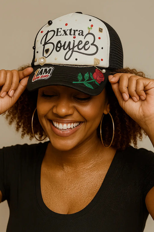 Extra Boujee Trucker Hat – Bling Mesh Cap with Rose Patch, Pearls & Gold Chain Product vendor