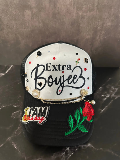 Extra Boujee Trucker Hat – Bling Mesh Cap with Rose Patch, Pearls & Gold Chain Product vendor
