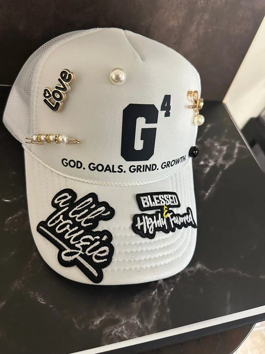G⁴ Statement Trucker Hat – God Goals Grind Growth | Blessed & Bougie Hat with Pearl Pins & Patches Product vendor