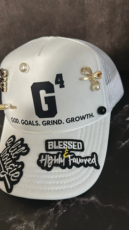 G⁴ Statement Trucker Hat – God Goals Grind Growth | Blessed & Bougie Hat with Pearl Pins & Patches Product vendor