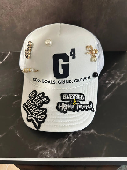 G⁴ Statement Trucker Hat – God Goals Grind Growth | Blessed & Bougie Hat with Pearl Pins & Patches Product vendor