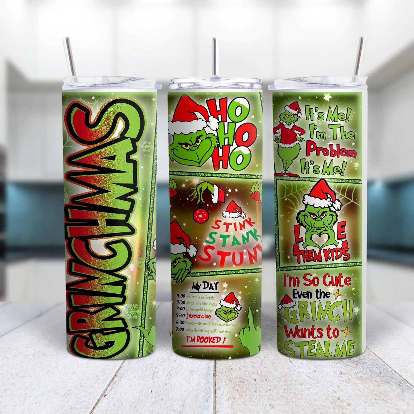 Grinchmas Christmas Tumbler – Funny Grinch Holiday 20oz Skinny Tumbler, Stink Stank Stunk Wrap, Grinch Quotes Cup with Straw Product vendor