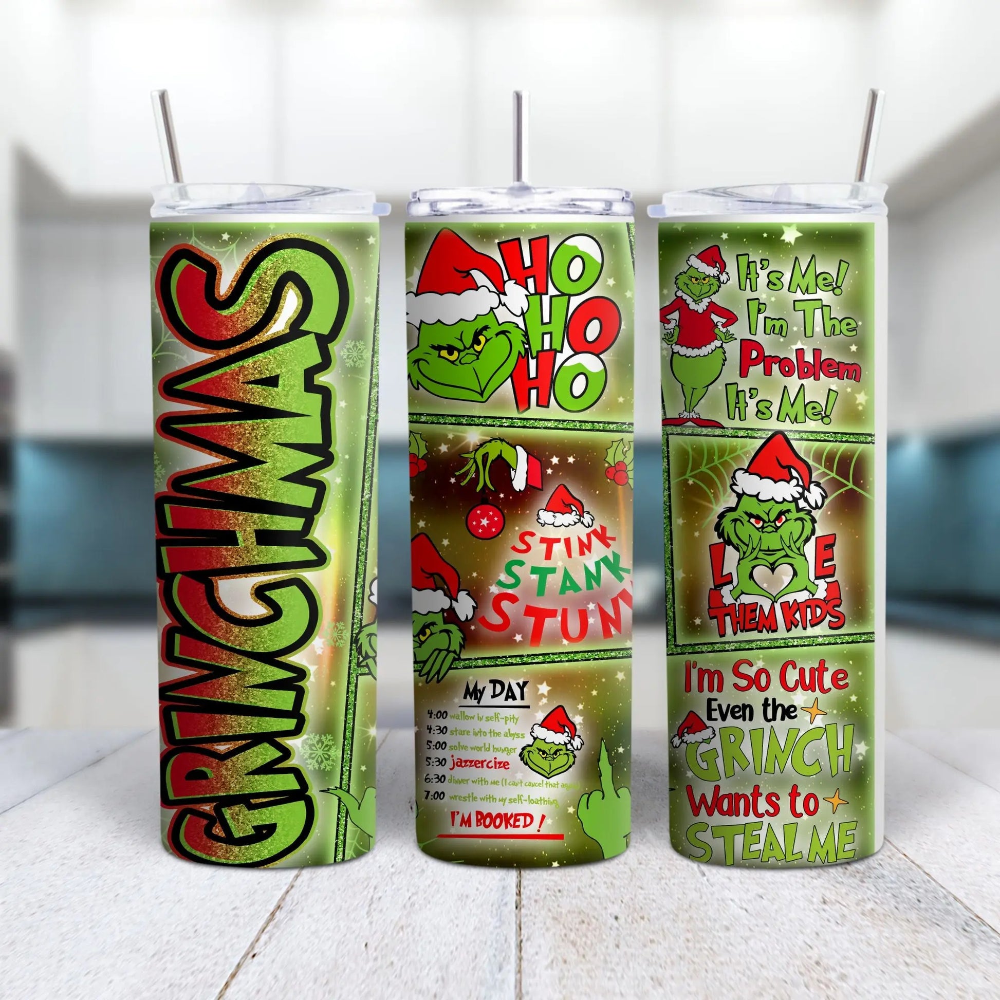 Grinchmas Christmas Tumbler – Funny Grinch Holiday 20oz Skinny Tumbler, Stink Stank Stunk Wrap, Grinch Quotes Cup with Straw Product vendor