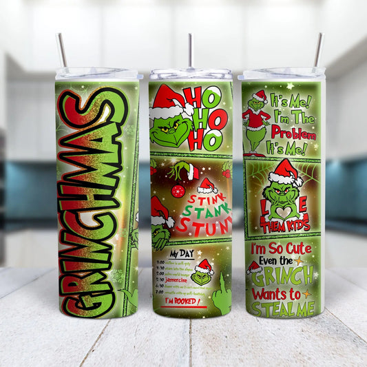 Grinchmas Christmas Tumbler – Funny Grinch Holiday 20oz Skinny Tumbler, Stink Stank Stunk Wrap, Grinch Quotes Cup with Straw Product vendor