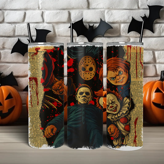 Horror Movie Icons Tumbler | Michael Myers Jason Chucky Pennywise Cup | Spooky Halloween Drinkware (20oz) Product vendor