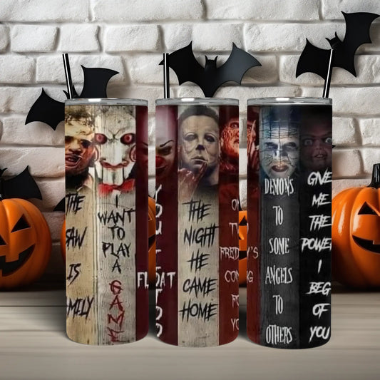 Horror Movie Quotes Tumbler | Slasher Villains Stainless Steel Cup | Spooky Halloween Drinkware (20oz) Product vendor