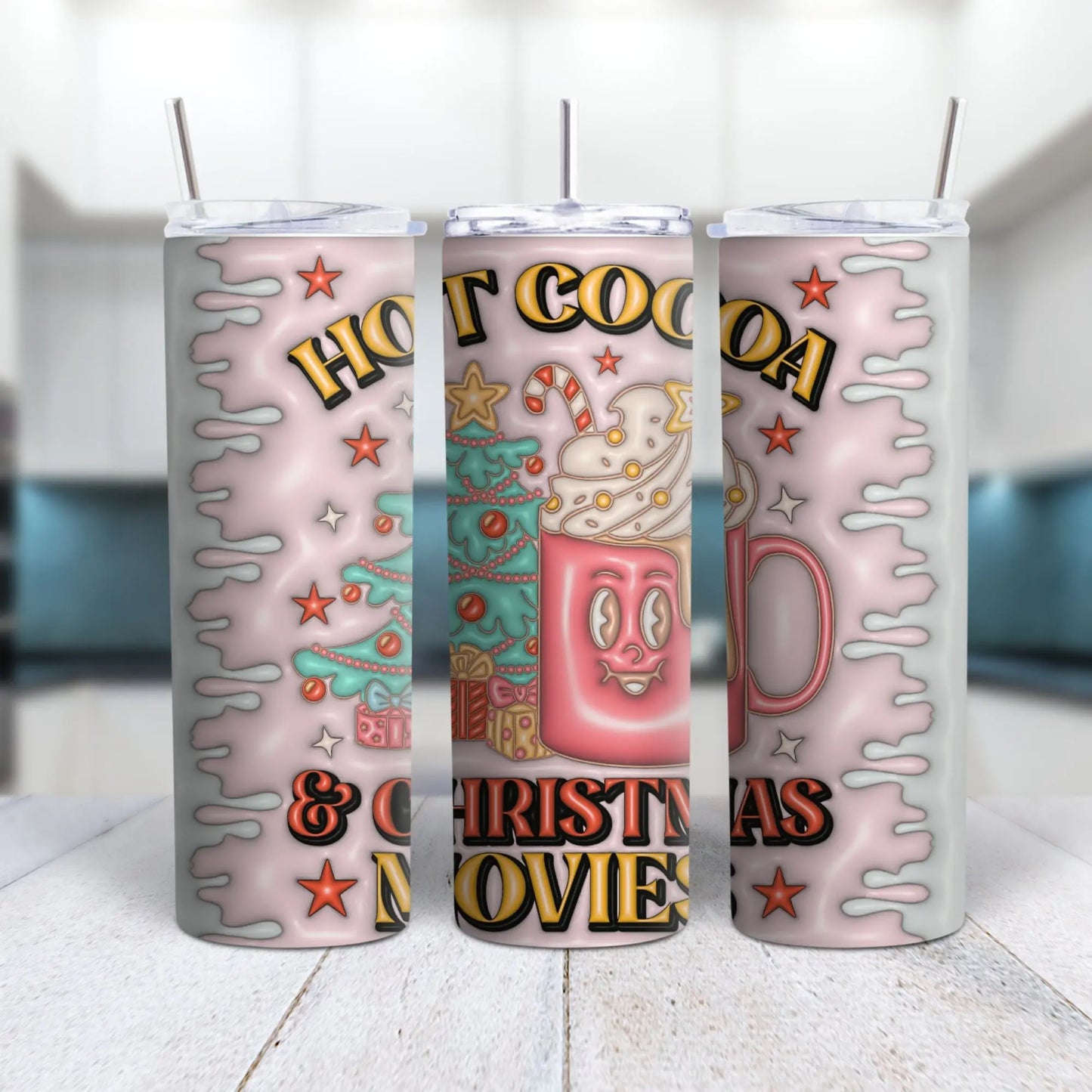Hot Cocoa & Christmas Movies Tumbler – Cozy Winter 20oz Skinny Cup, Pink Marshmallow Drip Holiday Tumbler with Straw Product vendor