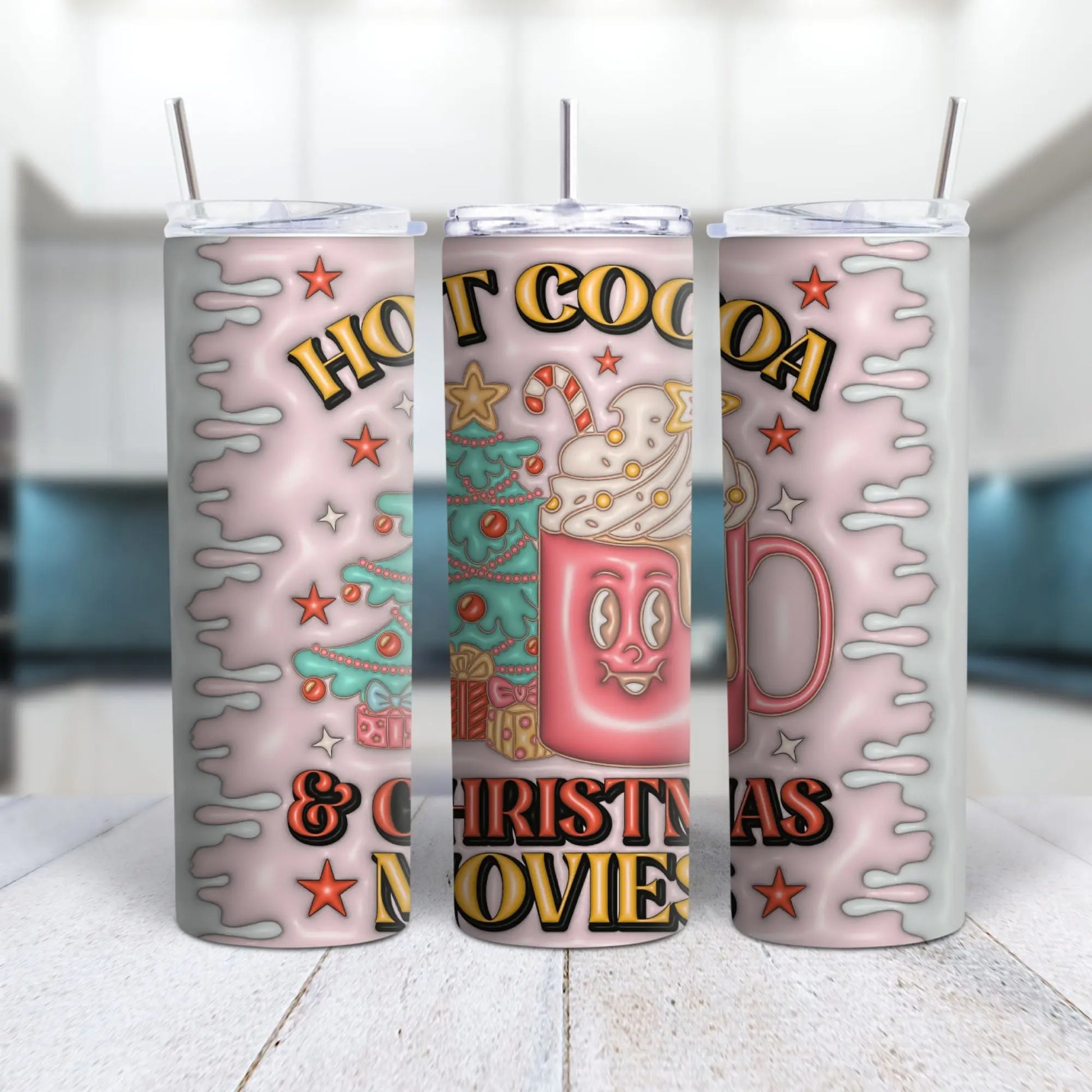 Hot Cocoa & Christmas Movies Tumbler – Cozy Winter 20oz Skinny Cup, Pink Marshmallow Drip Holiday Tumbler with Straw Product vendor