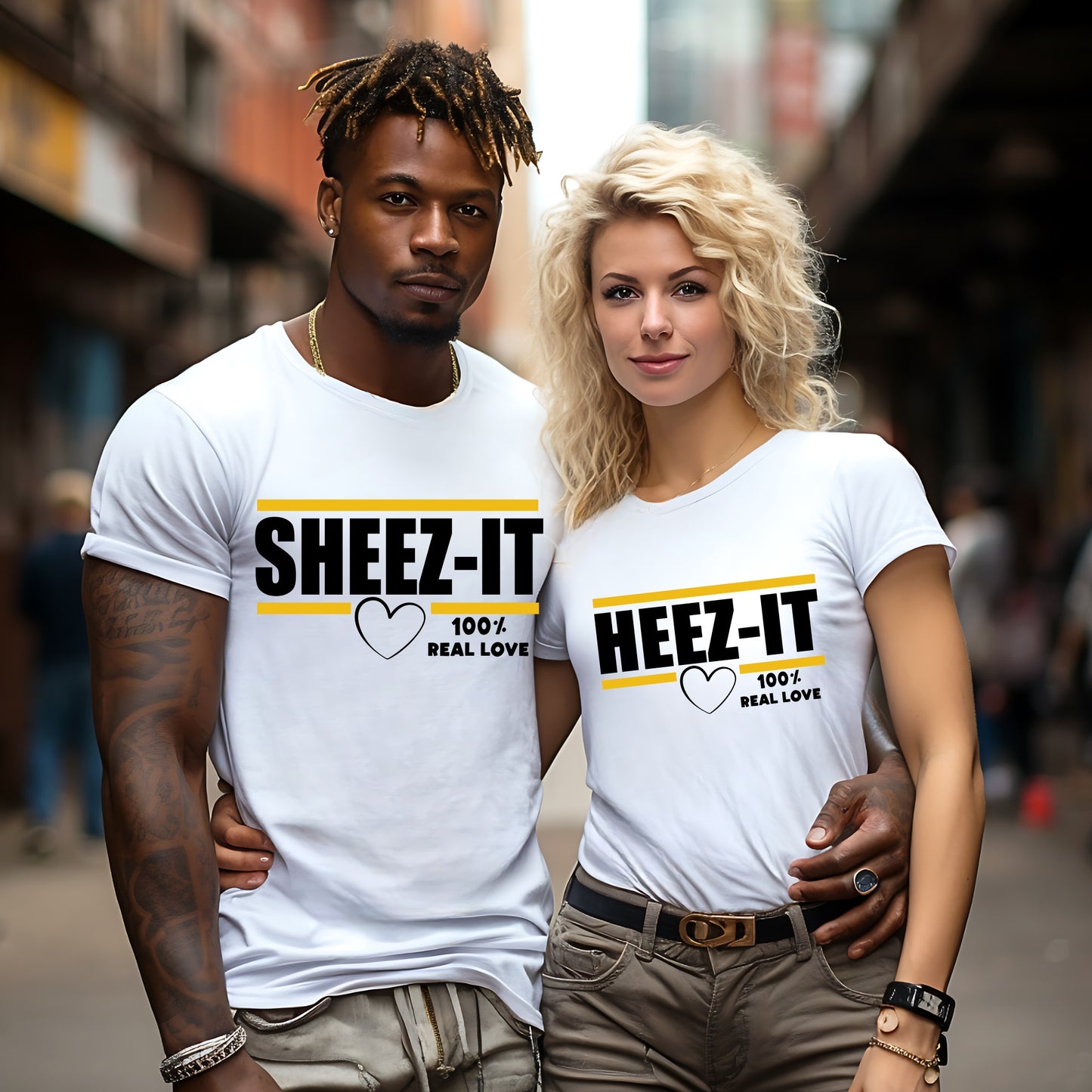 Heez-It & Sheez-It Couple T-Shirts - 100% Real Love Matching Tees Branded Kreations Kraft Boutique