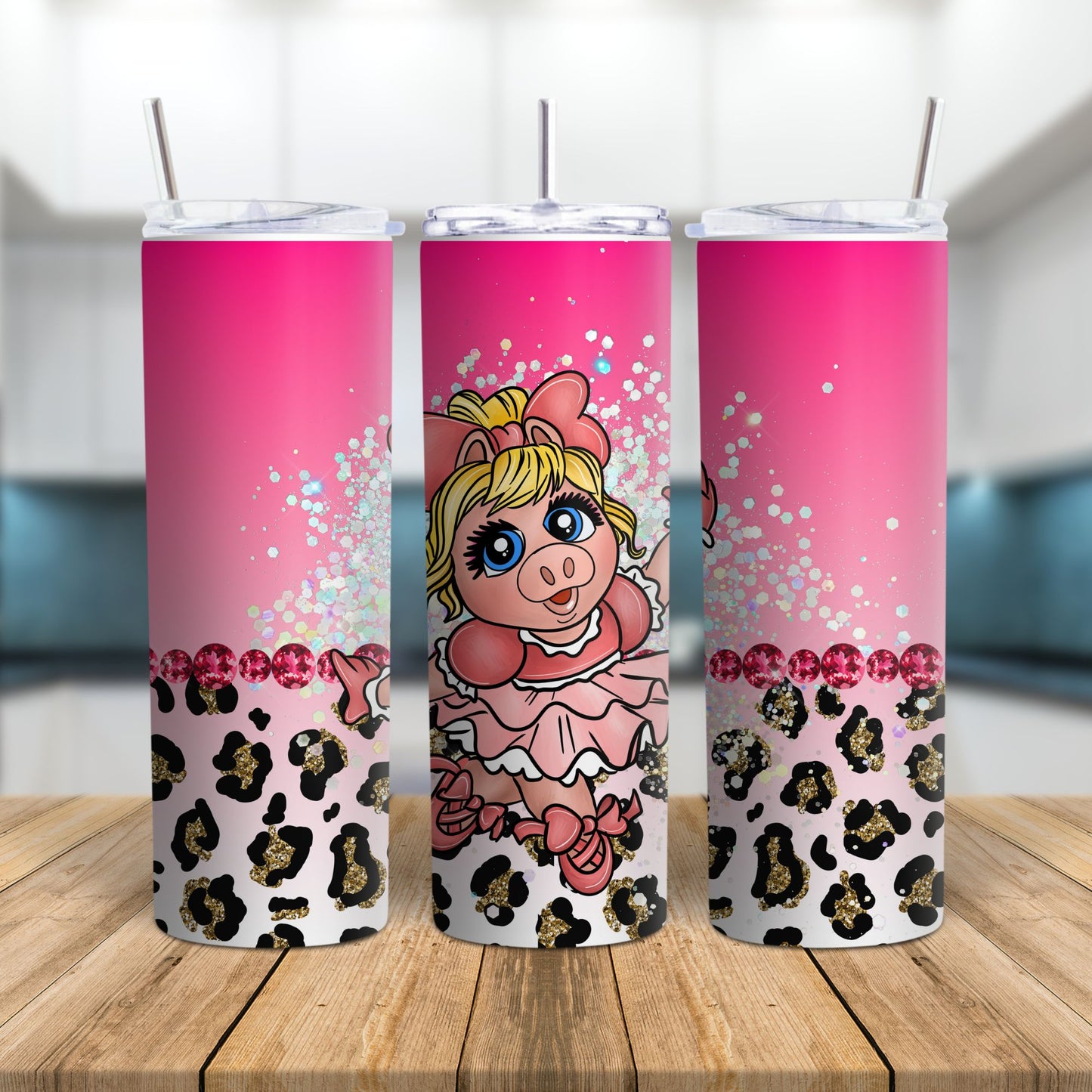 Pink Glitter Piggy Tumbler – Cute Leopard Print Stainless Steel Cup Branded Kreations