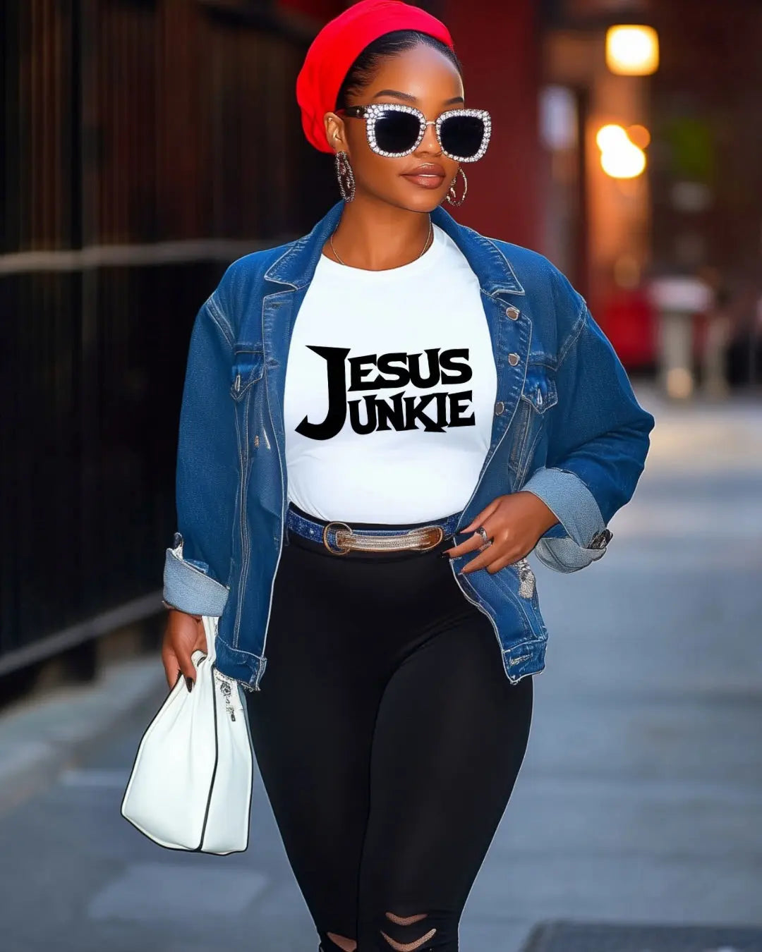 Woman wearing “Jesus Junkie” white t-shirt under denim jacket, styled with black leggings and a red headband.